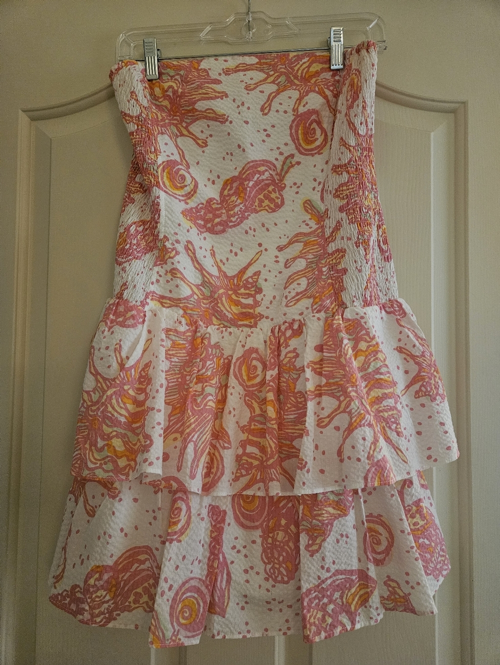 Lilly Pulitzer Pink, Yellow & White Strapless Smocked Ruffle Dress